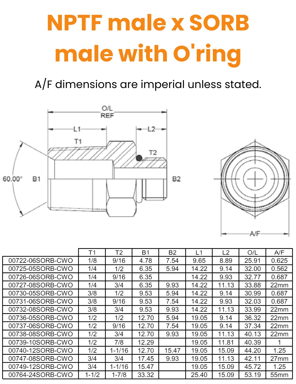 1/8 NPTF x 9/16 SORB C/W ORING M/M Hydraulic Adaptor